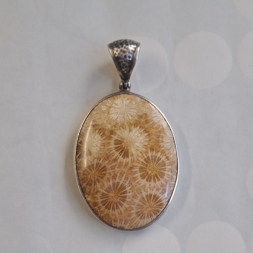 Starburst Sterling Silver Oval Fossil Coral Pendant